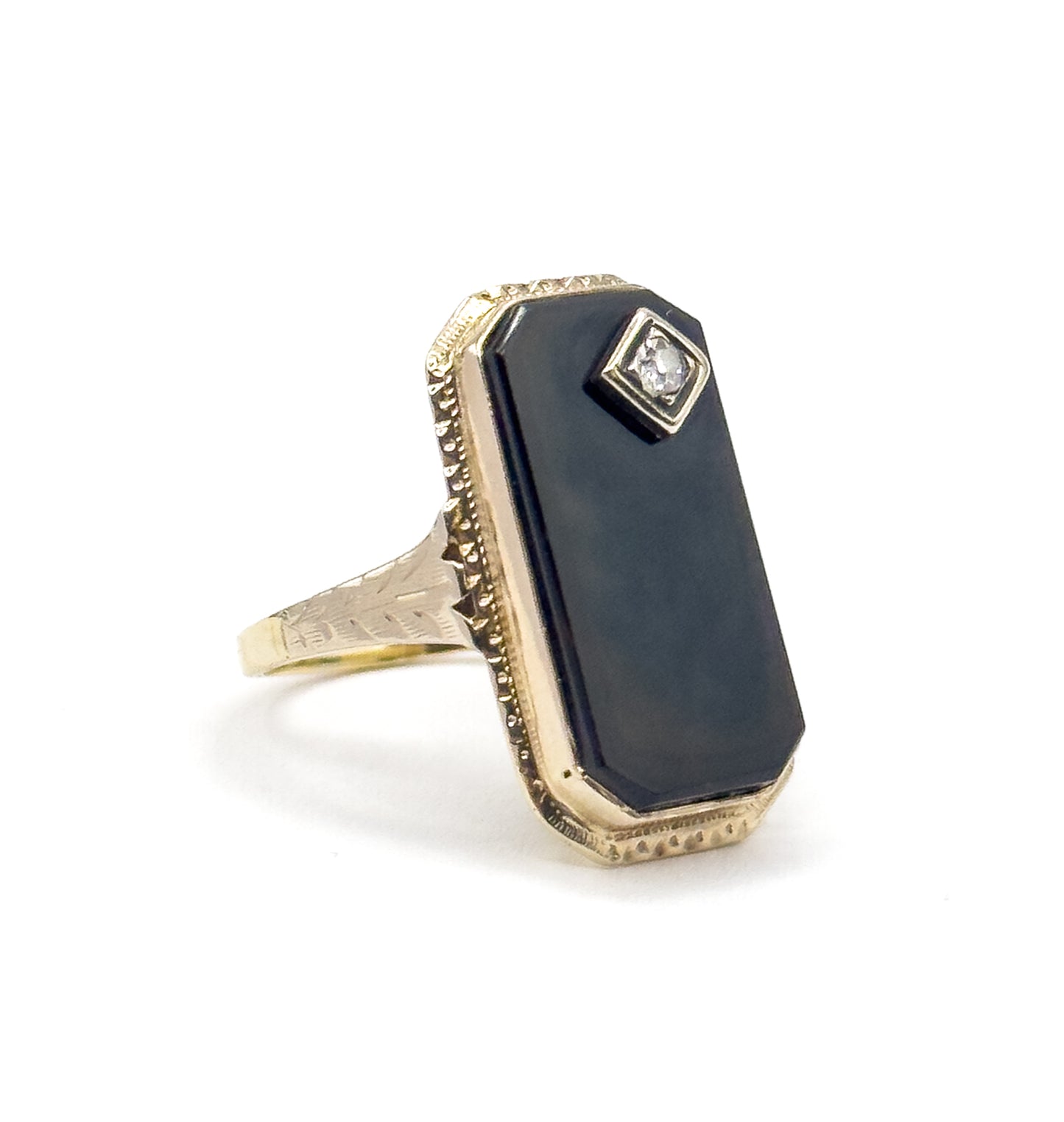 Art Deco Onyx & Diamond Ring in 14K Yellow Gold