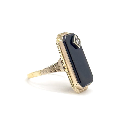 Art Deco Onyx & Diamond Ring in 14K Yellow Gold