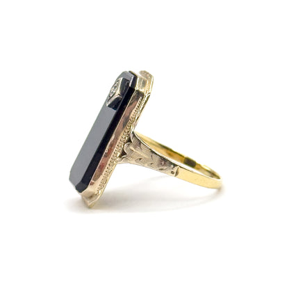 Art Deco Onyx & Diamond Ring in 14K Yellow Gold
