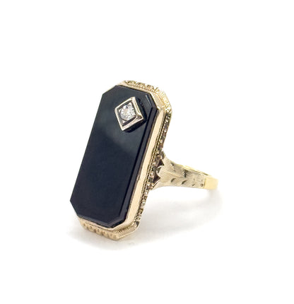 Art Deco Onyx & Diamond Ring in 14K Yellow Gold