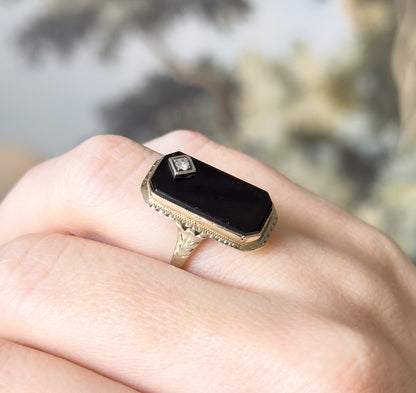 Art Deco Onyx & Diamond Ring in 14K Yellow Gold