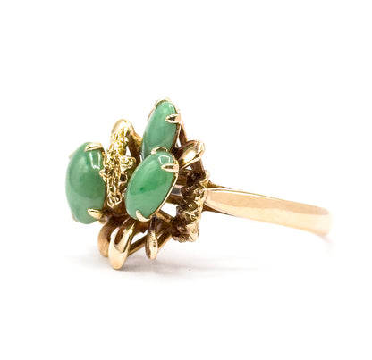 Mid-Century Green Jade Cabochon Sculptural Cocktail Ring in 14K Yellow Gold