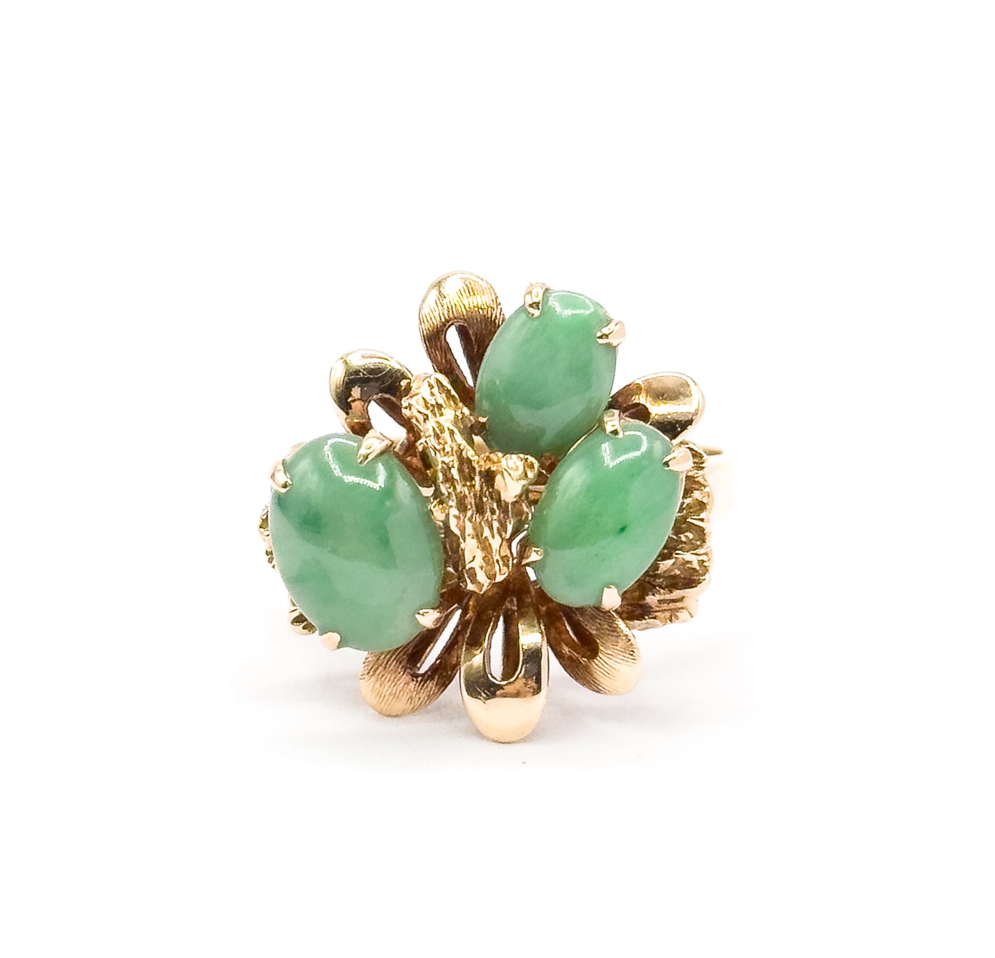 Mid-Century Green Jade Cabochon Sculptural Cocktail Ring in 14K Yellow Gold