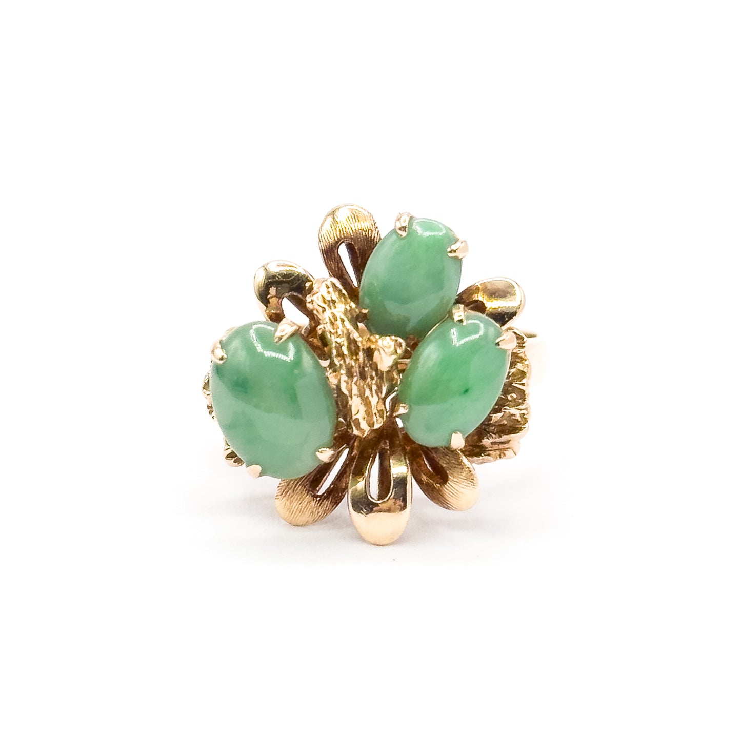 Mid-Century Green Jade Cabochon Sculptural Cocktail Ring in 14K Yellow Gold