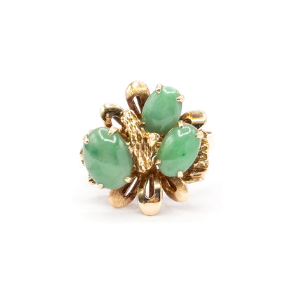 Mid-Century Green Jade Cabochon Sculptural Cocktail Ring in 14K Yellow Gold