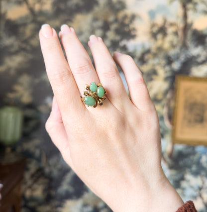 Mid-Century Green Jade Cabochon Sculptural Cocktail Ring in 14K Yellow Gold