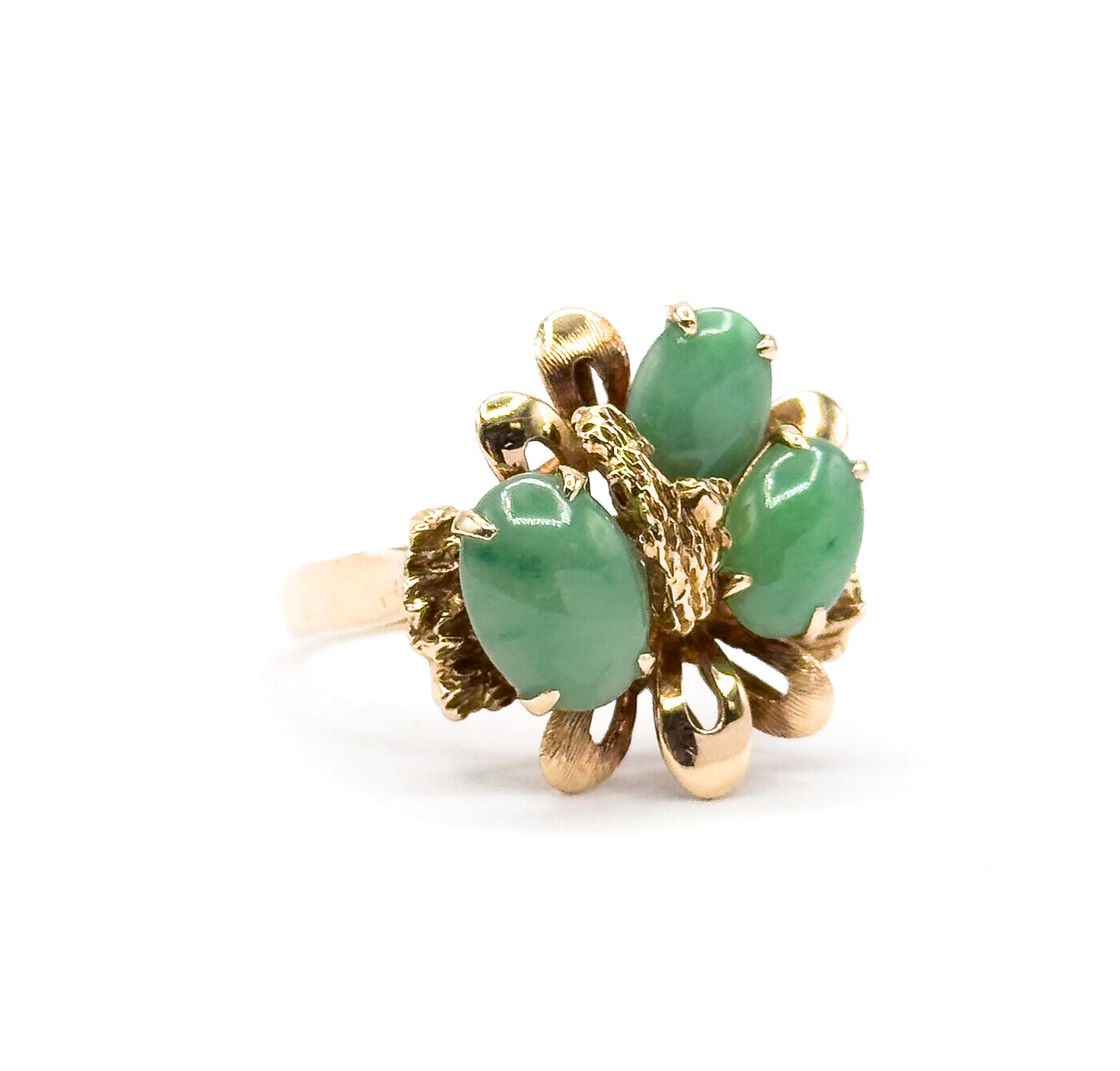Mid-Century Green Jade Cabochon Sculptural Cocktail Ring in 14K Yellow Gold