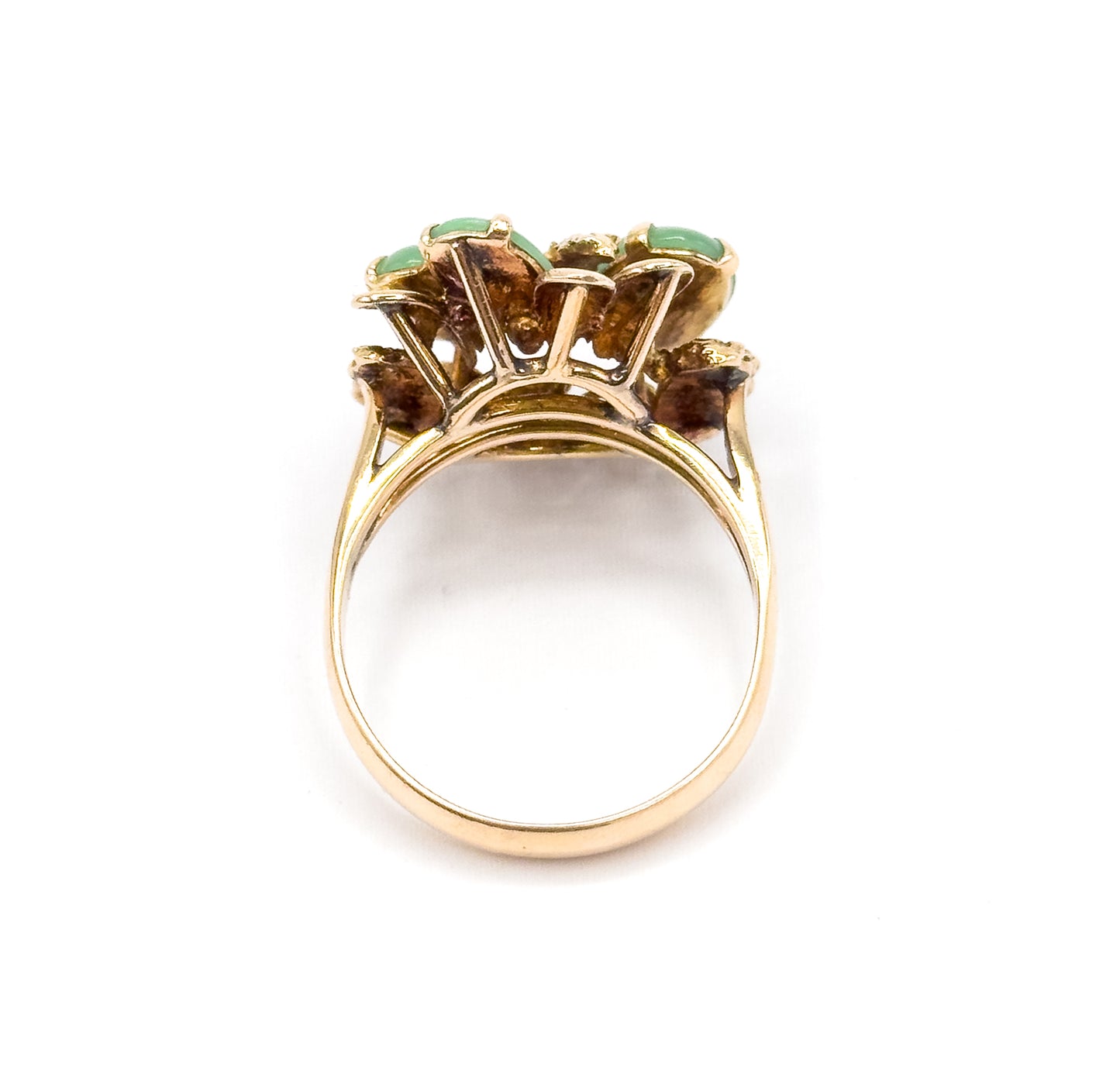 Mid-Century Green Jade Cabochon Sculptural Cocktail Ring in 14K Yellow Gold