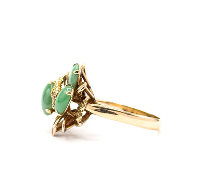 Mid-Century Green Jade Cabochon Sculptural Cocktail Ring in 14K Yellow Gold