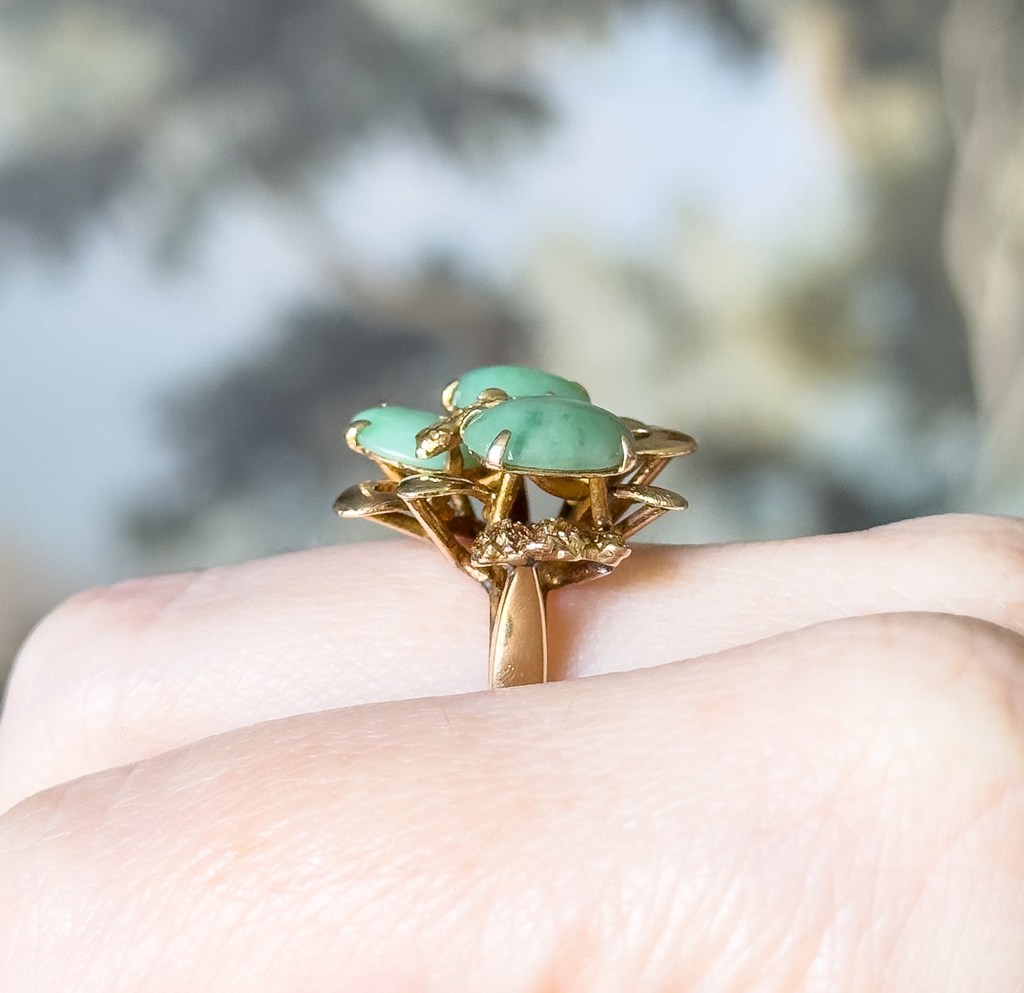 Mid-Century Green Jade Cabochon Sculptural Cocktail Ring in 14K Yellow Gold