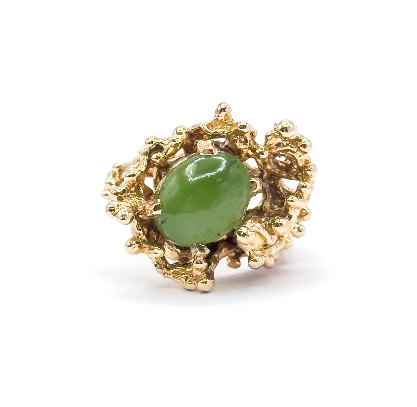 Mid-Century Nephrite Jade Cabochon Brutalist Ring in 14K Yellow Gold