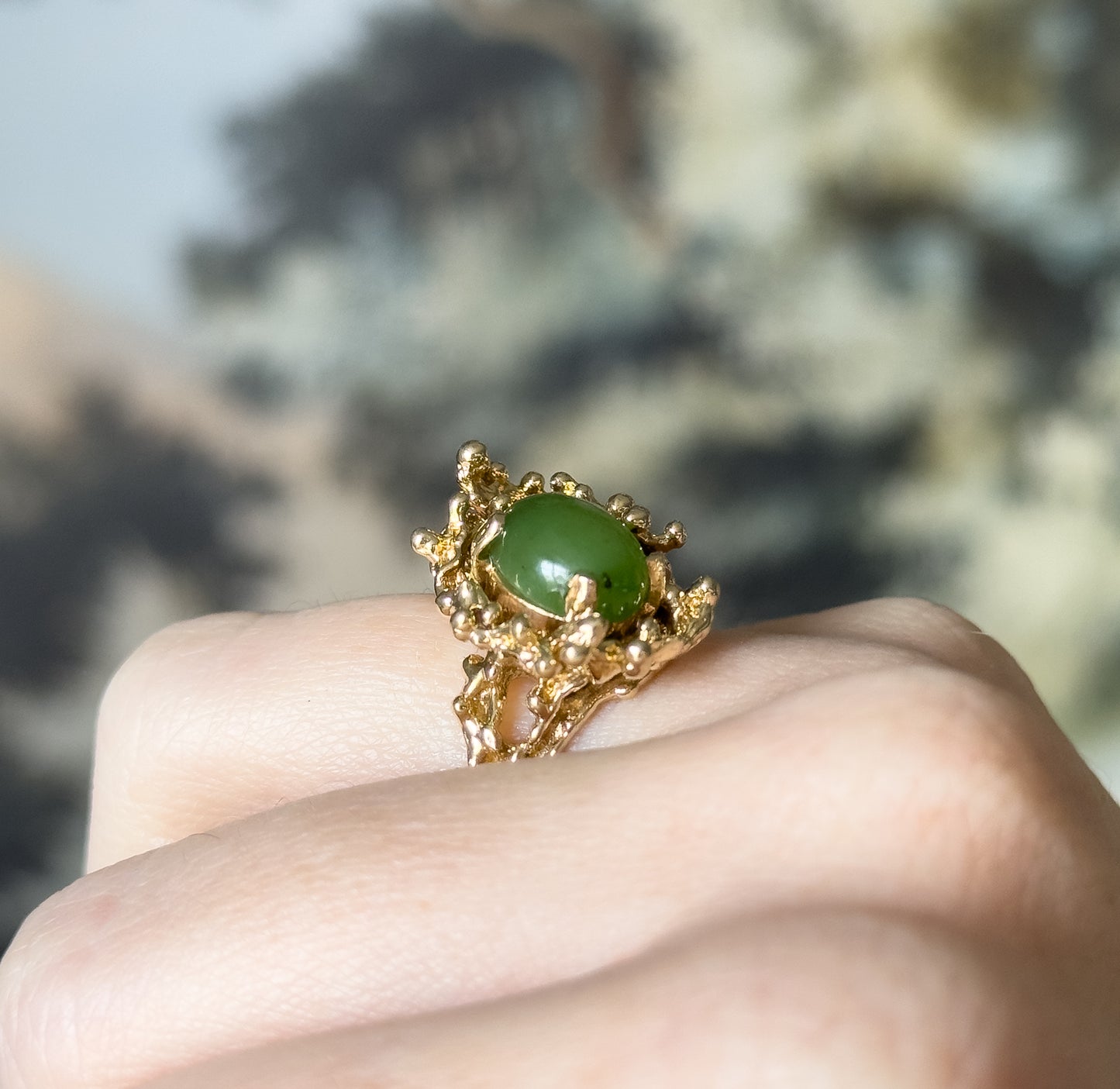 Mid-Century Nephrite Jade Cabochon Brutalist Ring in 14K Yellow Gold