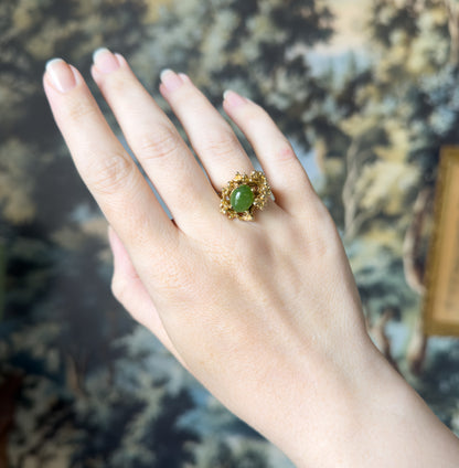Mid-Century Nephrite Jade Cabochon Brutalist Ring in 14K Yellow Gold