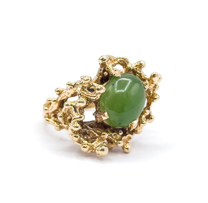 Mid-Century Nephrite Jade Cabochon Brutalist Ring in 14K Yellow Gold