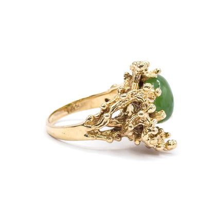 Mid-Century Nephrite Jade Cabochon Brutalist Ring in 14K Yellow Gold