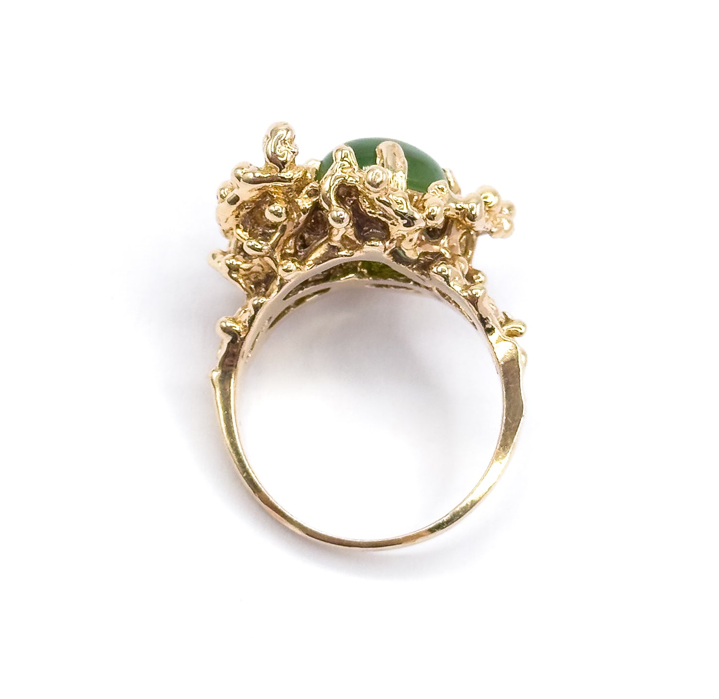Mid-Century Nephrite Jade Cabochon Brutalist Ring in 14K Yellow Gold