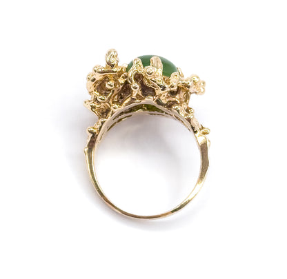 Mid-Century Nephrite Jade Cabochon Brutalist Ring in 14K Yellow Gold