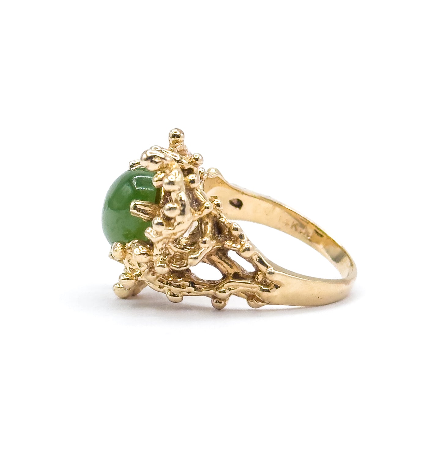 Mid-Century Nephrite Jade Cabochon Brutalist Ring in 14K Yellow Gold
