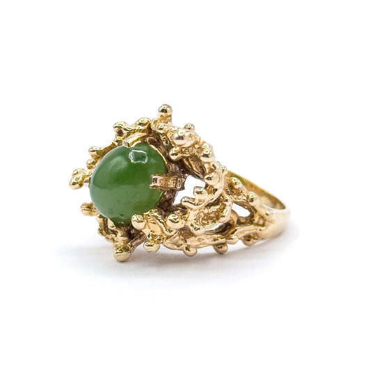 Mid-Century Nephrite Jade Cabochon Brutalist Ring in 14K Yellow Gold