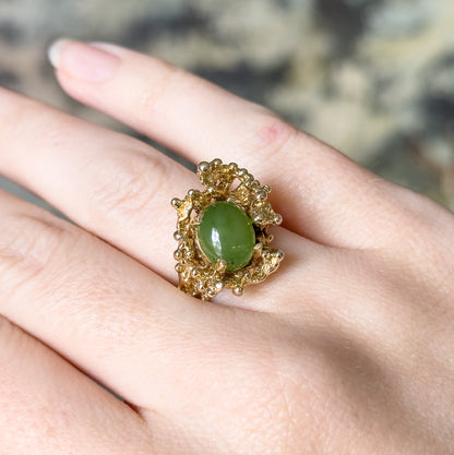 Mid-Century Nephrite Jade Cabochon Brutalist Ring in 14K Yellow Gold