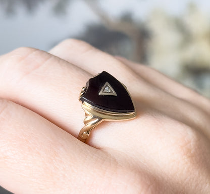 Retro Onyx Shield & Diamond Signet Ring in 10K Two-Tone Gold