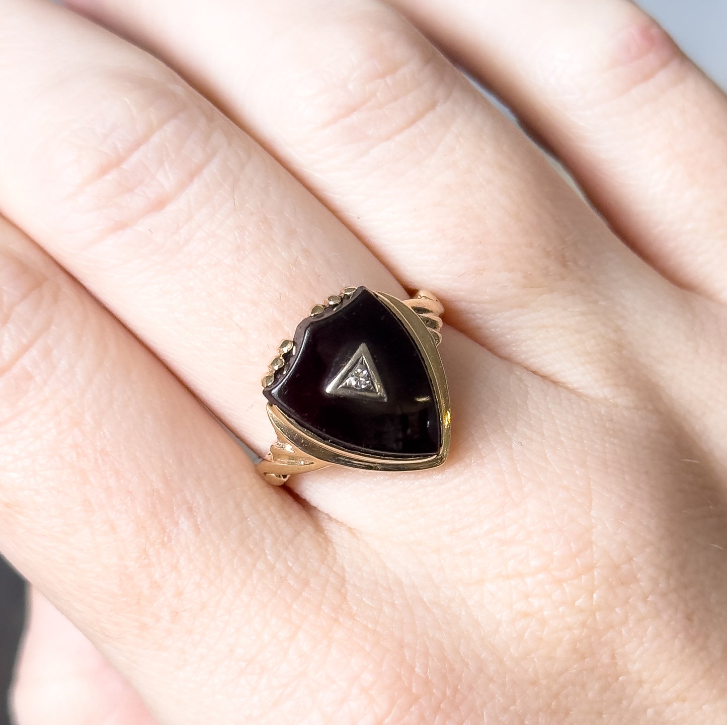 Retro Onyx Shield & Diamond Signet Ring in 10K Two-Tone Gold