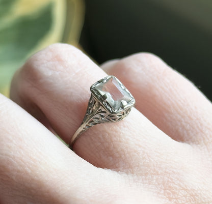 Art Deco Aquamarine Ring in 10K White Gold filigree