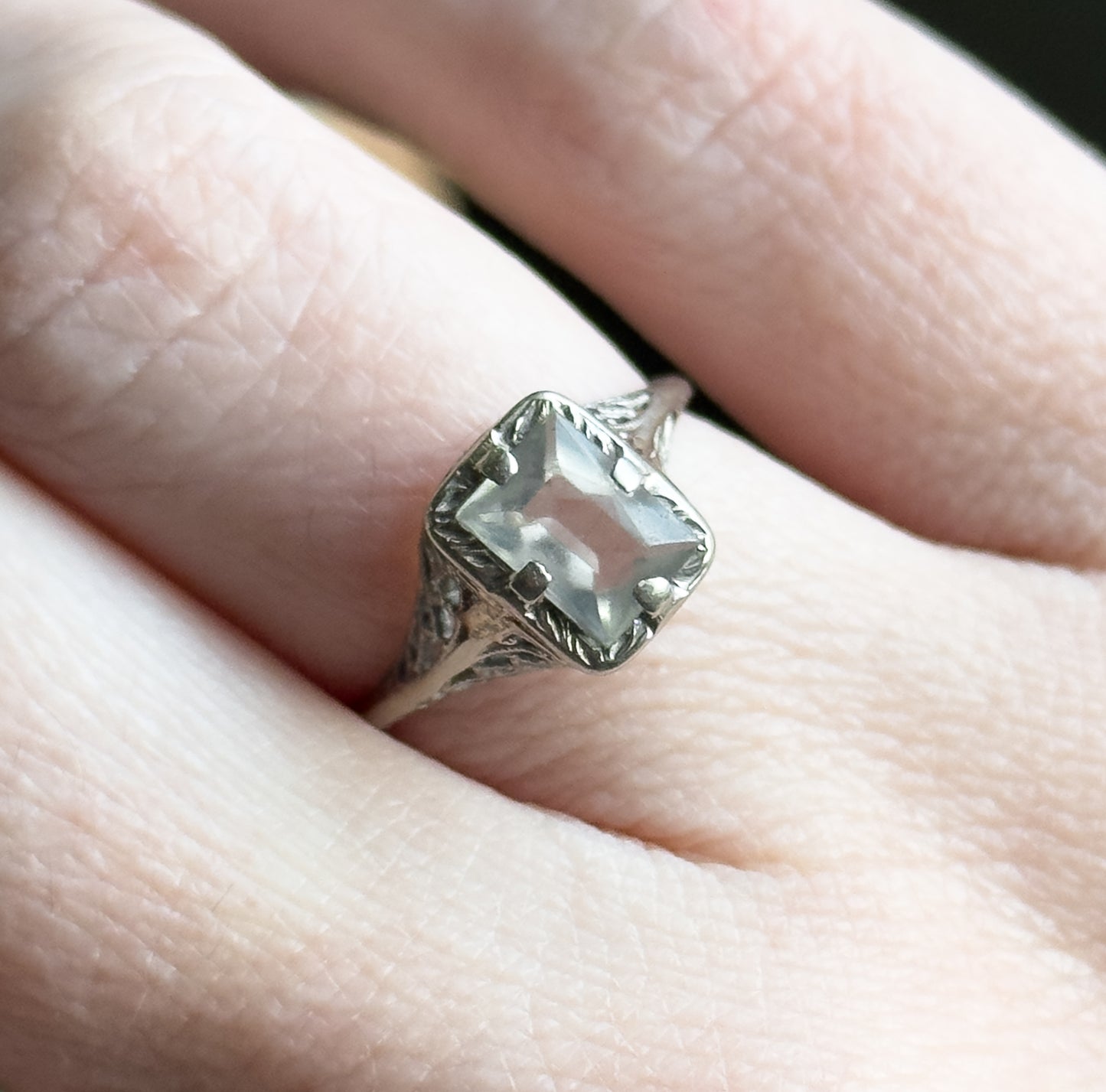 Art Deco Aquamarine Ring in 10K White Gold filigree