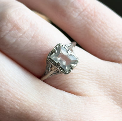 Art Deco Aquamarine Ring in 10K White Gold filigree