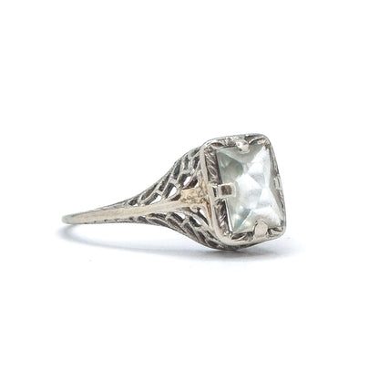 Art Deco Aquamarine Ring in 10K White Gold filigree
