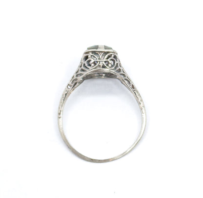 Art Deco Aquamarine Ring in 10K White Gold filigree