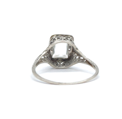 Art Deco Aquamarine Ring in 10K White Gold filigree