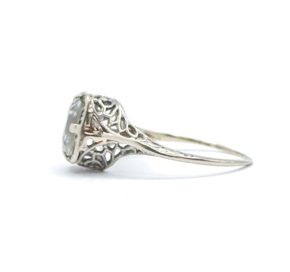 Art Deco Aquamarine Ring in 10K White Gold filigree