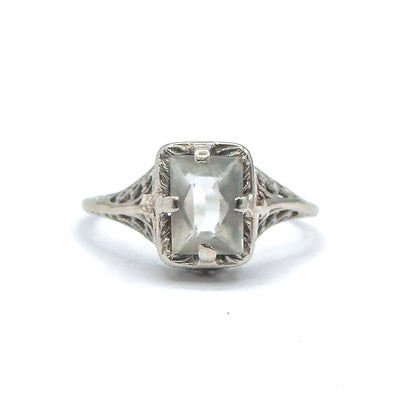 Art Deco Aquamarine Ring in 10K White Gold filigree