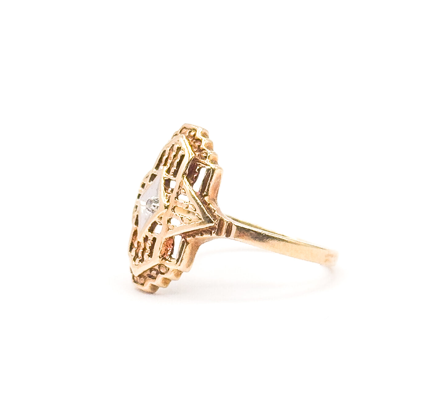 Vintage Art Deco Style Diamond Filigree Ring in 10K Two-Tone Gold