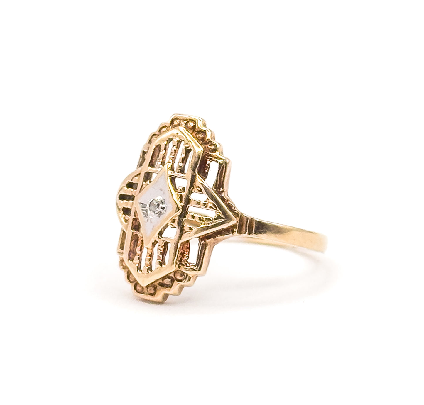 Vintage Art Deco Style Diamond Filigree Ring in 10K Two-Tone Gold