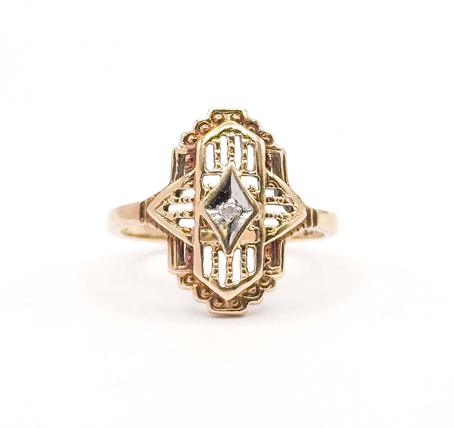 Vintage Art Deco Style Diamond Filigree Ring in 10K Two-Tone Gold