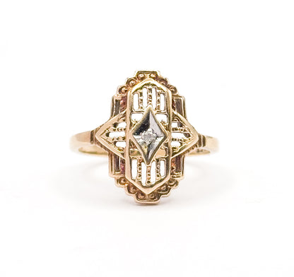 Vintage Art Deco Style Diamond Filigree Ring in 10K Two-Tone Gold