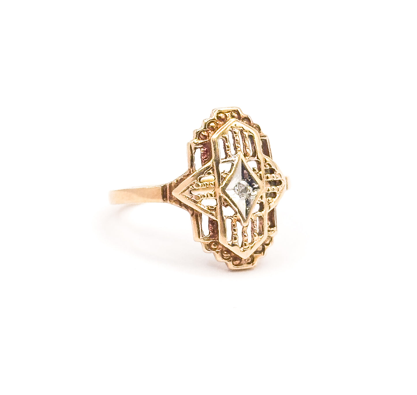 Vintage Art Deco Style Diamond Filigree Ring in 10K Two-Tone Gold