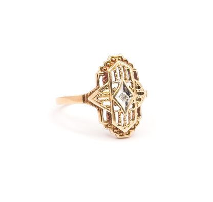 Vintage Art Deco Style Diamond Filigree Ring in 10K Two-Tone Gold