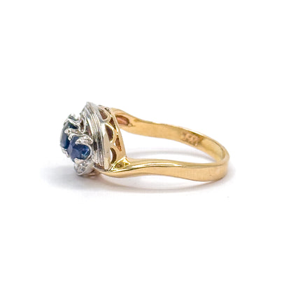 Retro Blue Sapphire & Rose Cut Diamond Bypass Ring in 14K Two-Tone Gold