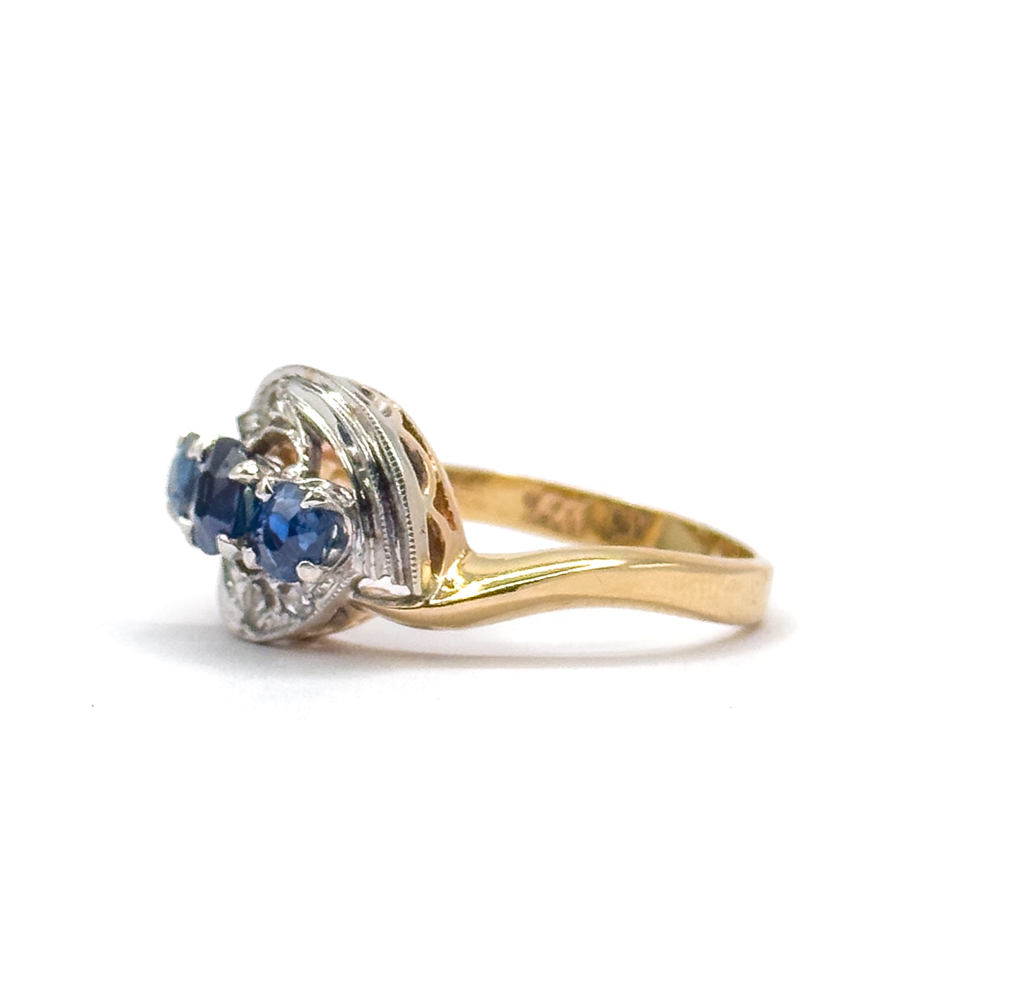 Retro Blue Sapphire & Rose Cut Diamond Bypass Ring in 14K Two-Tone Gold