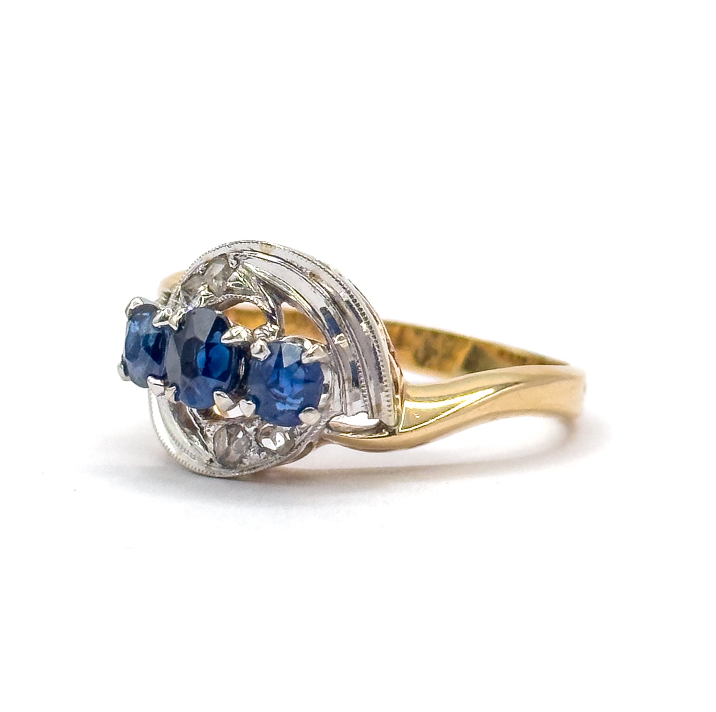 Retro Blue Sapphire & Rose Cut Diamond Bypass Ring in 14K Two-Tone Gold