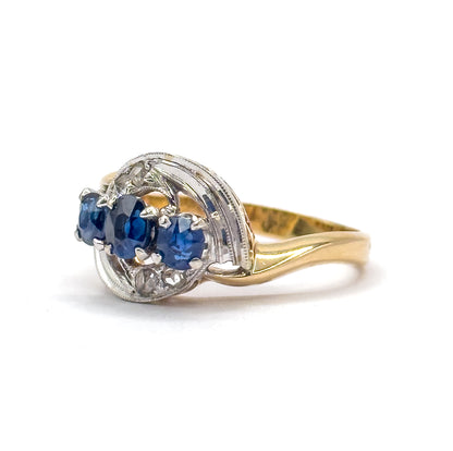 Retro Blue Sapphire & Rose Cut Diamond Bypass Ring in 14K Two-Tone Gold