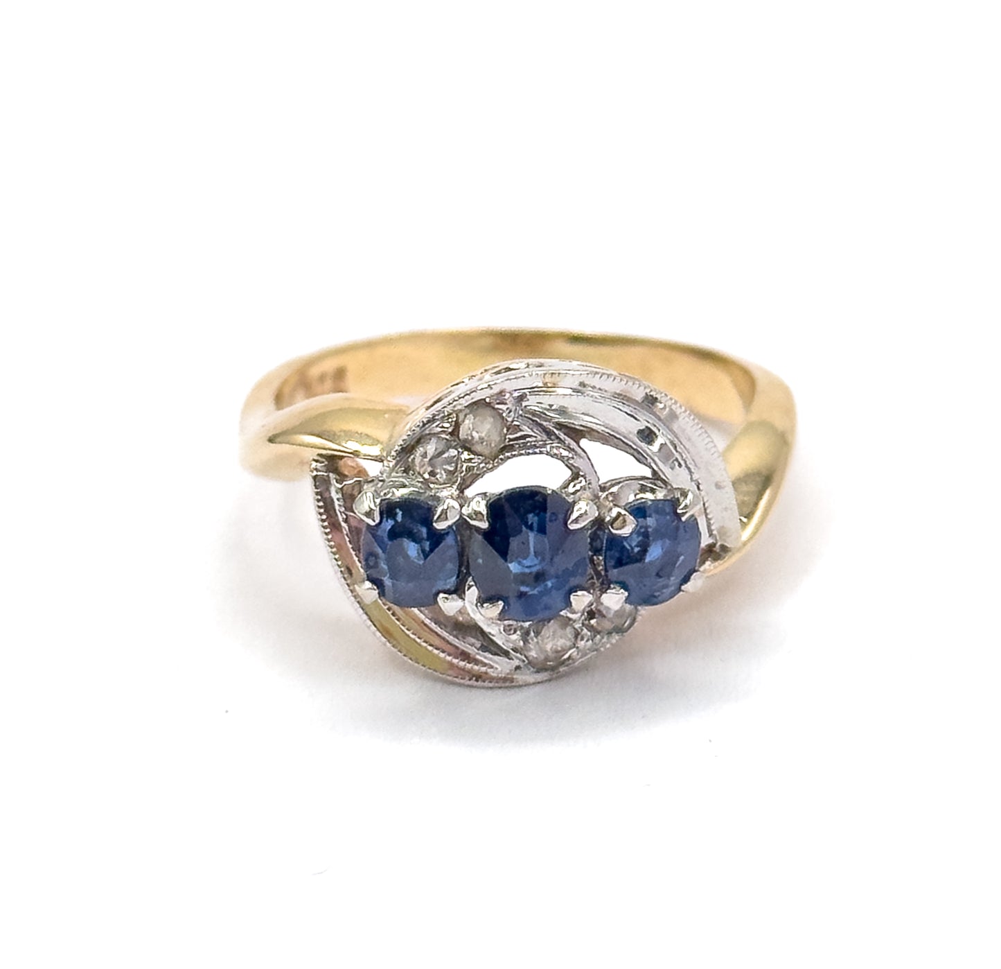 Retro Blue Sapphire & Rose Cut Diamond Bypass Ring in 14K Two-Tone Gold