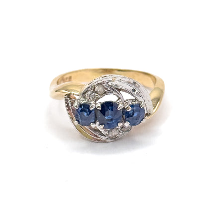 Retro Blue Sapphire & Rose Cut Diamond Bypass Ring in 14K Two-Tone Gold