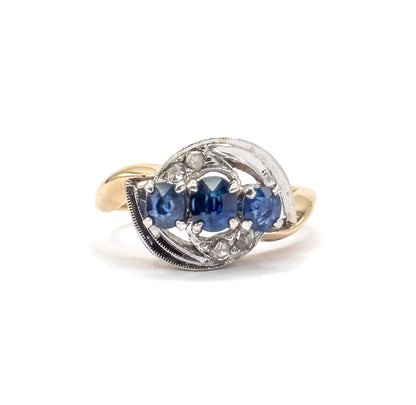 Retro Blue Sapphire & Rose Cut Diamond Bypass Ring in 14K Two-Tone Gold
