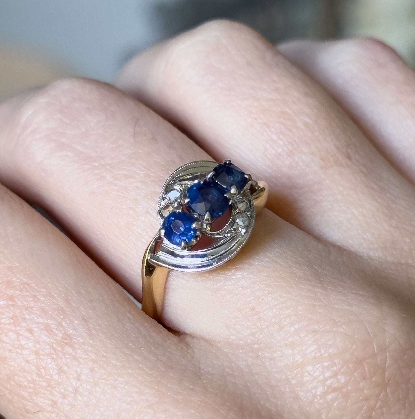 Retro Blue Sapphire & Rose Cut Diamond Bypass Ring in 14K Two-Tone Gold