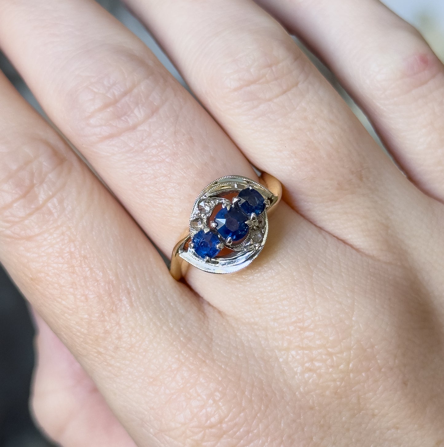 Retro Blue Sapphire & Rose Cut Diamond Bypass Ring in 14K Two-Tone Gold