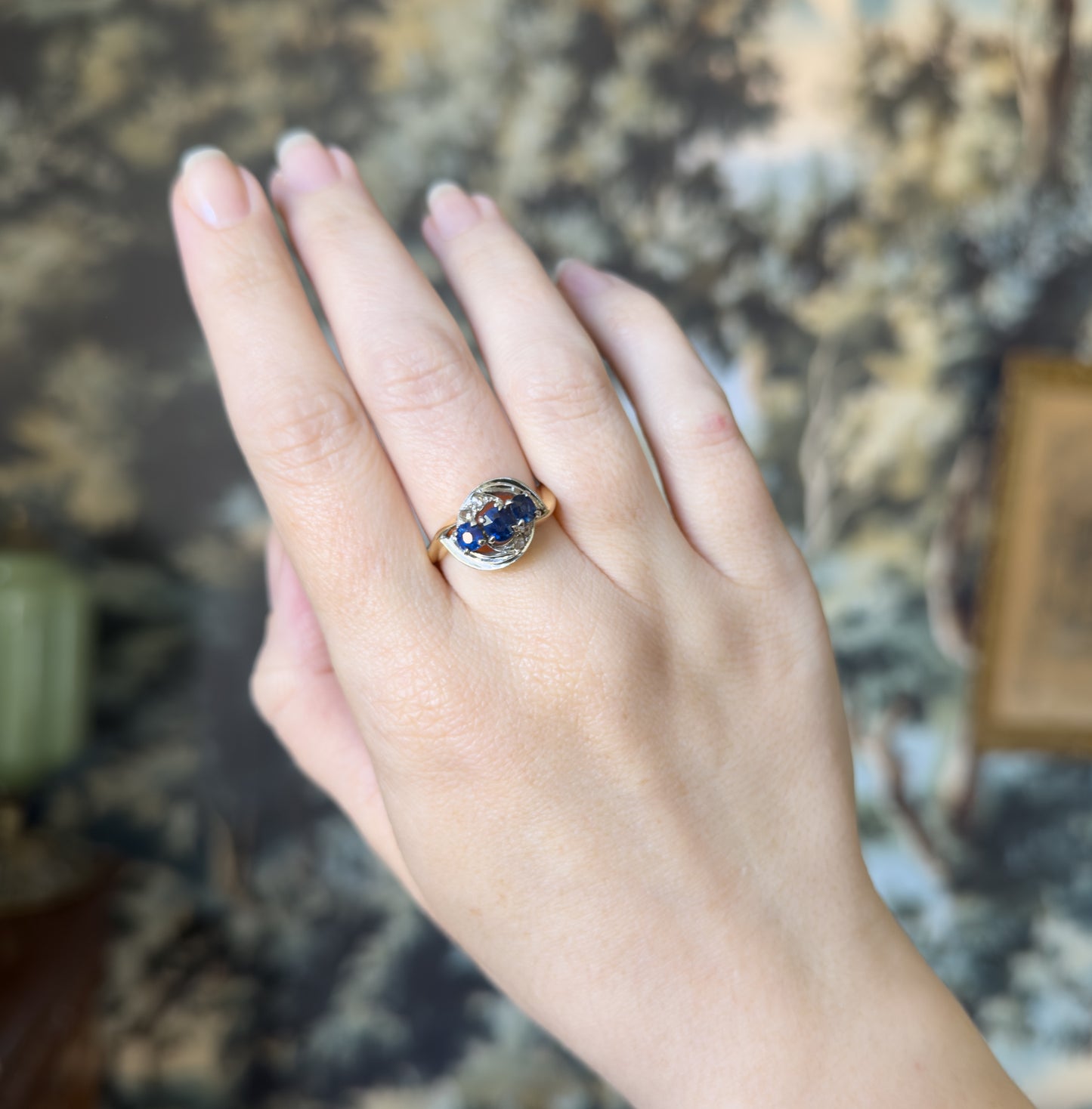 Retro Blue Sapphire & Rose Cut Diamond Bypass Ring in 14K Two-Tone Gold